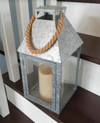 Galvanized steel and glass flameless candle lantern