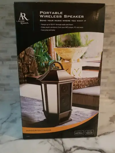 Wireless indoor/outdoor speaker, see photos for details. You will need AA Batteries for speaker. $50...