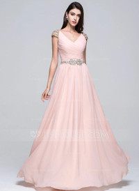 A-Line/Princess V-neck Floor-Length Chiffon Prom Dresses With Ru