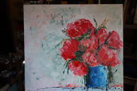 Original Oil Painting - Red Flowers in Blue Vase