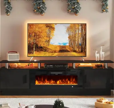 New Fireplace /TV Stand 80" Up to 90 inch - Black *Still in Box, View more