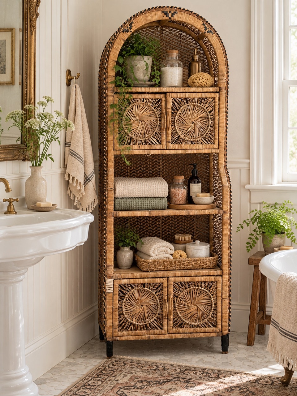 DELIVERY - 1970s Vintage Wicker & Rattan Sunburst Arched Shelf ...