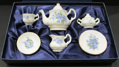 "ROYALE STRATFORD" 8 PCE. MINIATURE BONE CHINA SET, MINT IN BOX, View more