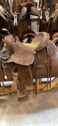 Teal/Leopard print saddle, headstall and breast collar 