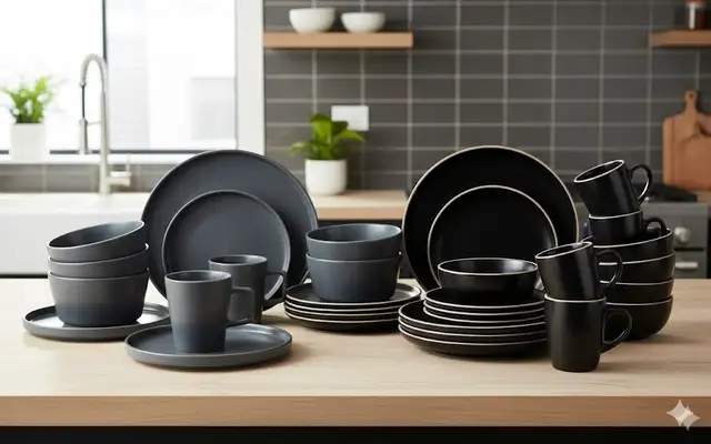 16-Piece Matte Black and Grey Stoneware Dinnerware