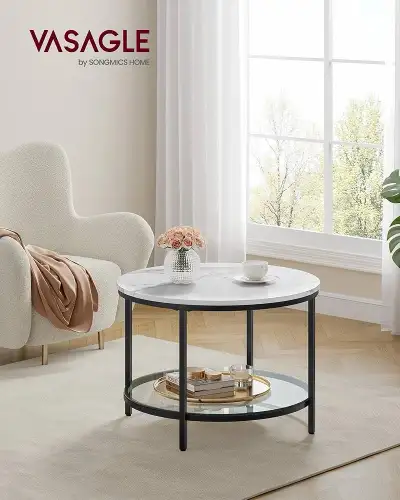 VASAGLE Round Coffee Table, 2-Tier Small Coffee Table with Faux , View more