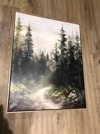 Canvas painting of a forest trail. Got it at homesense for $50 a year ago and just never found a pla...