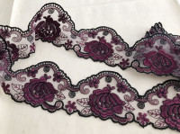 2.36" x 1.36 yds Lace Trim Embroidered Floral Mesh Tulle Purple
