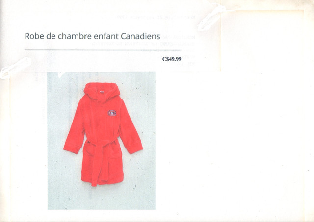 Robe de chambre des Canadiens dans Enfants et jeunesse  à Lanaudière - Image 2