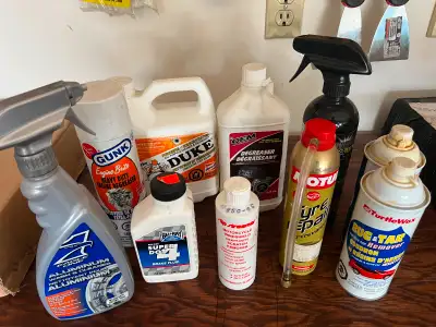 An assortment of used cleaners and fluids for your motorcycle. Includes aluminum wash & cleaner, sev...