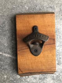 Cast Iron “Open Here” Bottle Opener Mounted on wood slab