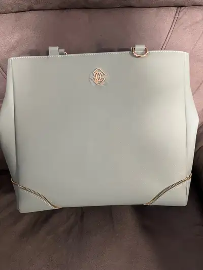 Brand new, still “wrapped” mint and gold Glass Ladder “Michelle” purse. Size Medium, fits up to a 14...