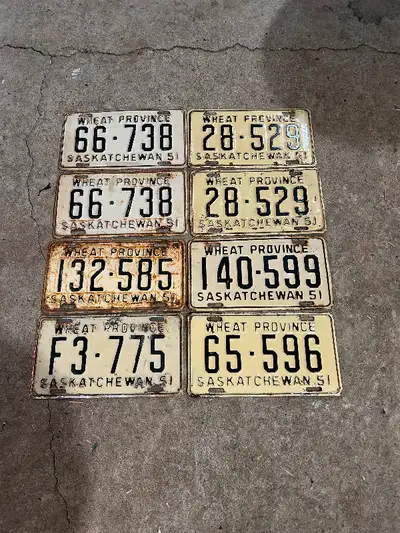 1951 Saskatchewan plates 66-738 matching pair $60 28-529 matching pair $75 132-585 $20 140-599 $30 F...