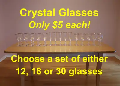 Beautiful crystal glasses at only $5 each! Pickup in Orléans If choosing 12 glasses, the set will in...