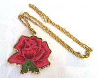 COLLIER VINTAGE EMBROIDERY ROSE PENDANT NECKLACE Signed B.J.