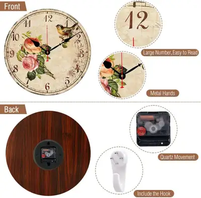 Silent BERYART 14" Non-Ticking Wall Clock, Wooden MDF, Bird on F, View more
