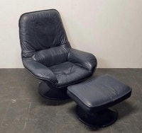 Vintage leather swivel lounge chair with ottoman