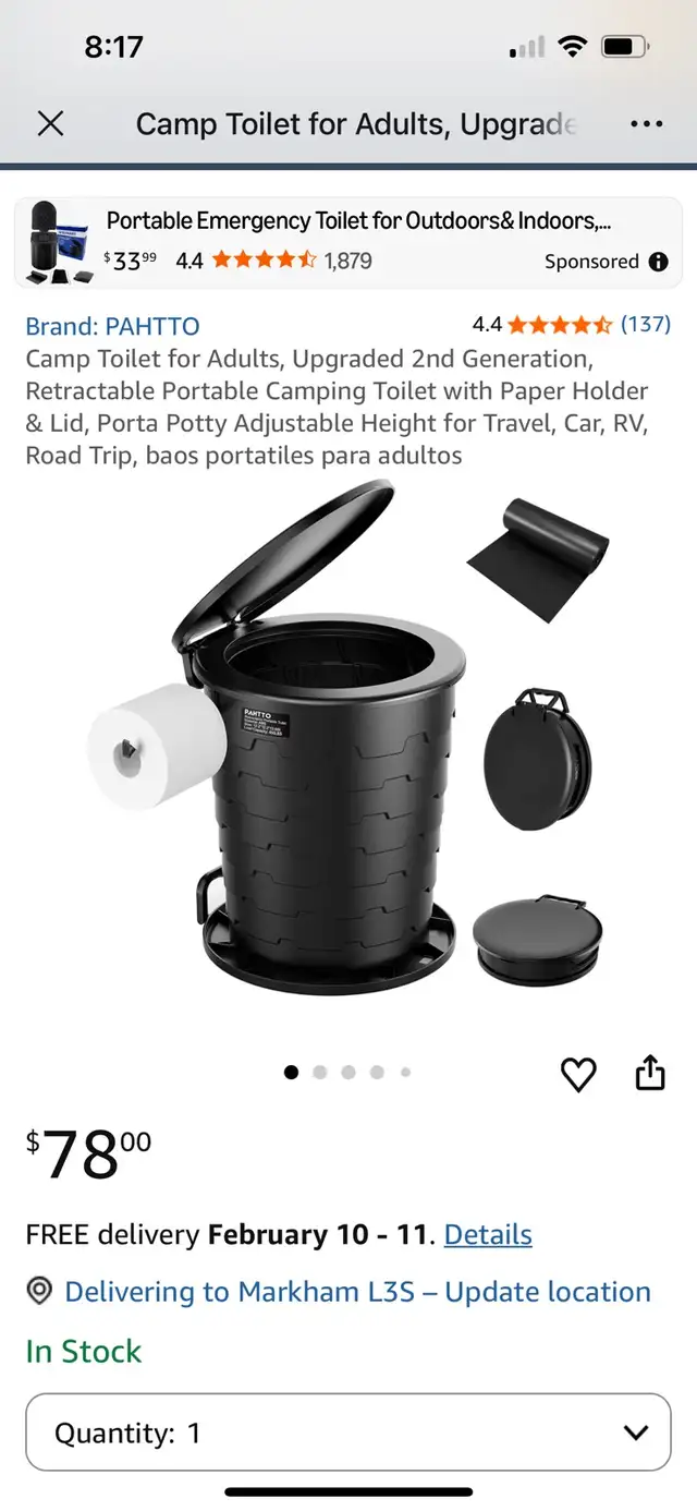 Retractable Camp Toilet for Adults, Upgraded 2nd Generation in Fishing, Camping & Outdoors in Markham / York Region - Image 2
