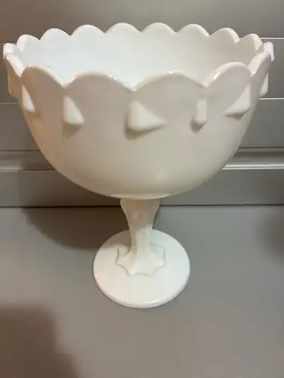 Vintage white glass pedestal bowl, View more