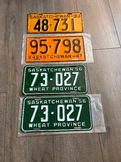 Nice original Sask license plates. 1933 $75 1947 $75 1956 matching pr $100 Phone or text 306-960-205...