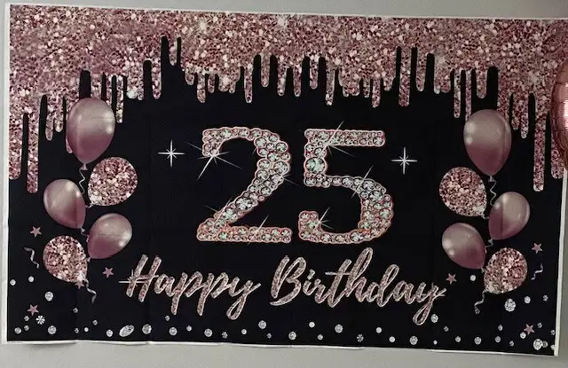 NEW Happy 25 Birthday banner sturdy black and rose gold pink