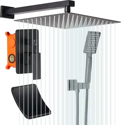 PHASAT Black Shower System 12 inch Rain Shower Waterfall Tub, View more