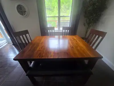 Dining table 4 chairs and bench, View more