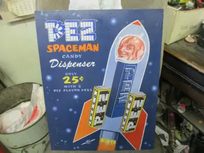 2002 PEZ SPACEMAN CANDY DISPENSER TIN WALL SIGN $40 MANCAVE, View more