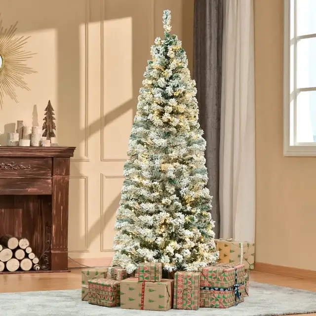 6ft Prelit Artificial Pencil Christmas Tree, Snow Flocked Slim X in Holiday, Event & Seasonal in Markham / York Region - Image 2