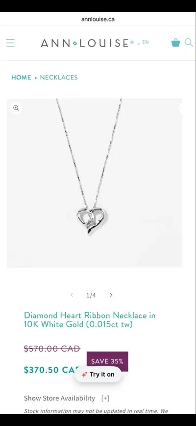 Ann Louise Diamond Heart Ribbon Necklace in 10K White Gold, View more