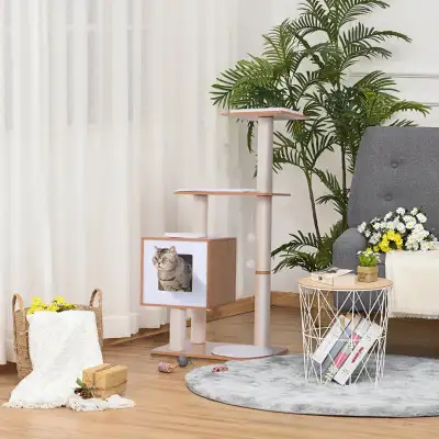 47" Wood Cat Tree, Kitty Scratching Post, Kitten House, Condo Activity Center w/ Cushions, Pet Furni...