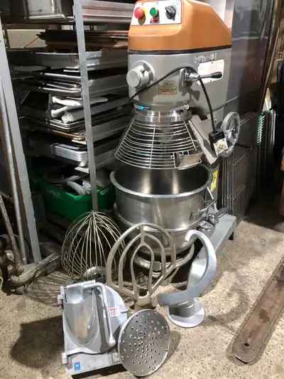 60 qt. Mixer w/guard. Doyon elec. Pizza 3 - 18” deck oven. 67” pizza prep table w Inserts. 2 Donair...