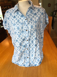 Blue and White Shibori Button Down Blouse with Short Sleeves