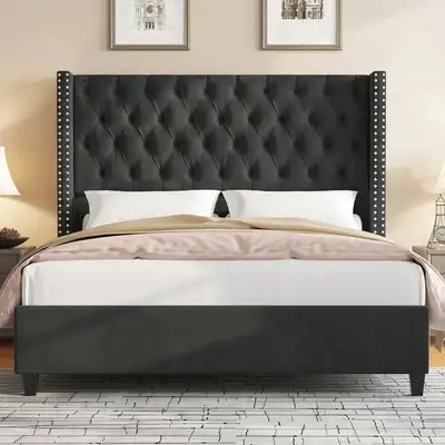 King size! Black velvet button-tufted upholstered bed frame., View more