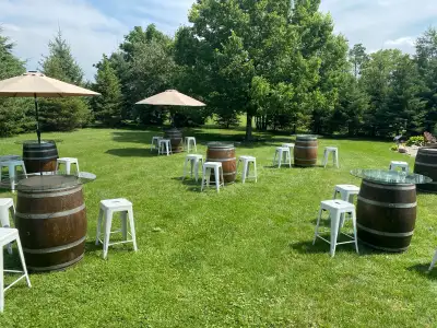 Countryside Event Rentals. Authentic French oak wine barrels nicely finished along with optional gla...