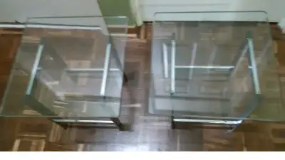 Vtg.1960's Glass/stainless steel coffee &end tables see below, View more