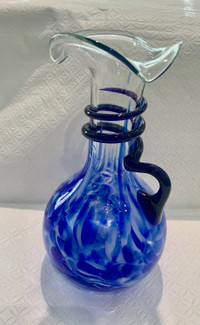 Art Glass Vase With Handle- Cobalt Blue/Clear