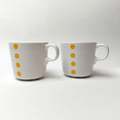 2x IKEA UNGDOM Stackable Coffee Tea Cups Mugs Yellow Polka Dot 21533 If posted = available. Pickup d...