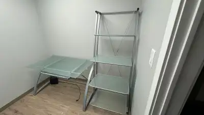 Used glass desk and shelf. Good condition. Sold as a unit