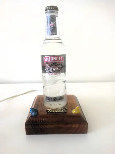 SMIRNOFF Vodka bottle table light with wooden base. Custom hand crafted collectible glass bottle lam...