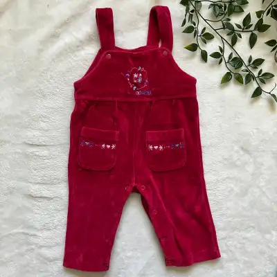 Raspberry-coloured velour baby overalls, size 3-6 months. One-piece with snap button straps and alon...