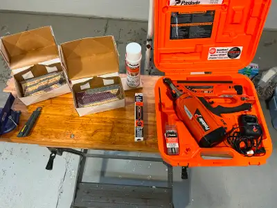 Paslode Cordless Framing Nail in case. Excellent condition. Includes manual, new fuel cartridge, No...