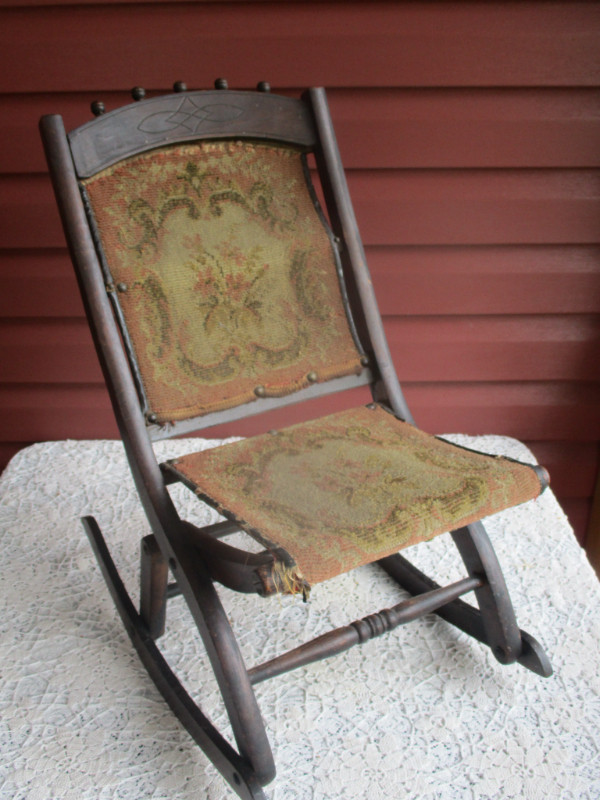 Antique Childs Folding Tapestry Carpet Rocking Chair in Chairs & Recliners in New Glasgow