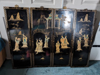 Vintage 4 Asian Oriental Black Lacquer Mother of Pearl Wall Pane