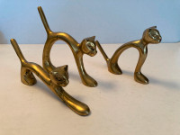 Set of 3 Vintage Solid Brass Cats Arching Back & Stretching cat