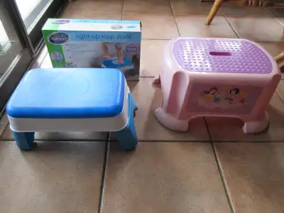 *Pink step stool with easy carry handle. Strong, light weight plastic can hold more than 120 lbs. Ru...