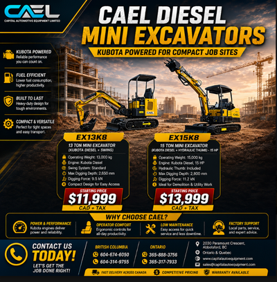 NEW CAEL Diesel Mini Excavators 1.3T/1.5T– Kubota certified warranty Certified • Warranty • Finance...