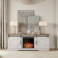 tv stand with farmhouse doors  and fire place