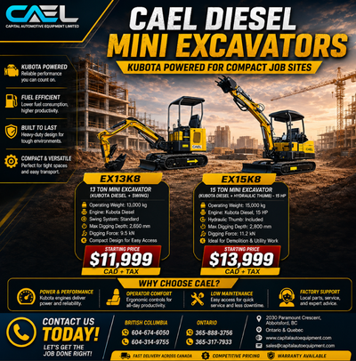 NEW CAEL Diesel Mini Excavators 1.3T/1.5T– Kubota certified warranty Certified • Warranty • Finance...