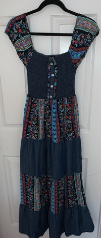 Denim Maxi Dress with Floral Pattern